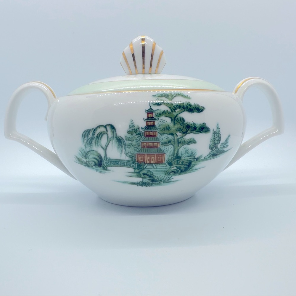 Vintage Narumi Sugar Pot - Fine Chine Green Willow Pagoda